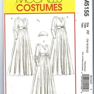 May include: A McCall's Costumes sewing pattern, M5155, featuring three long dress designs with V-necklines, long sleeves, and belted waists. The pattern includes a matching hat. The size range is FF (16-18-20-22).