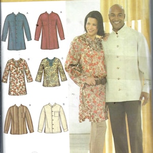 May include: Simplicity sewing pattern 3704, offering shirt designs. The pattern includes options for long-sleeved shirts in solid colours and patterned fabrics. The image also shows a couple wearing shirts made from the pattern.