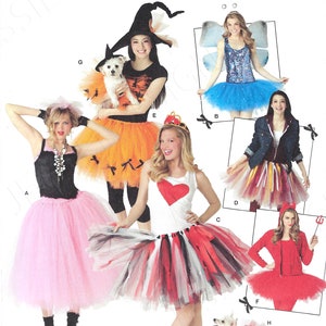 May include: Simplicity No-Sew pattern 2074 for making tulle skirts. The pattern includes instructions for making six different styles of tulle skirts, including a pink, orange, red, blue, and white skirt. The pattern also includes instructions for making a matching skirt for a dog.