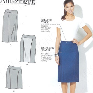 May include: Simplicity Amazing Fit skirt sewing pattern. The pattern includes diagrams of skirt styles with princess seams and a shaped yoke. The image shows a woman wearing a blue skirt. Sizes U.S. 16-24.