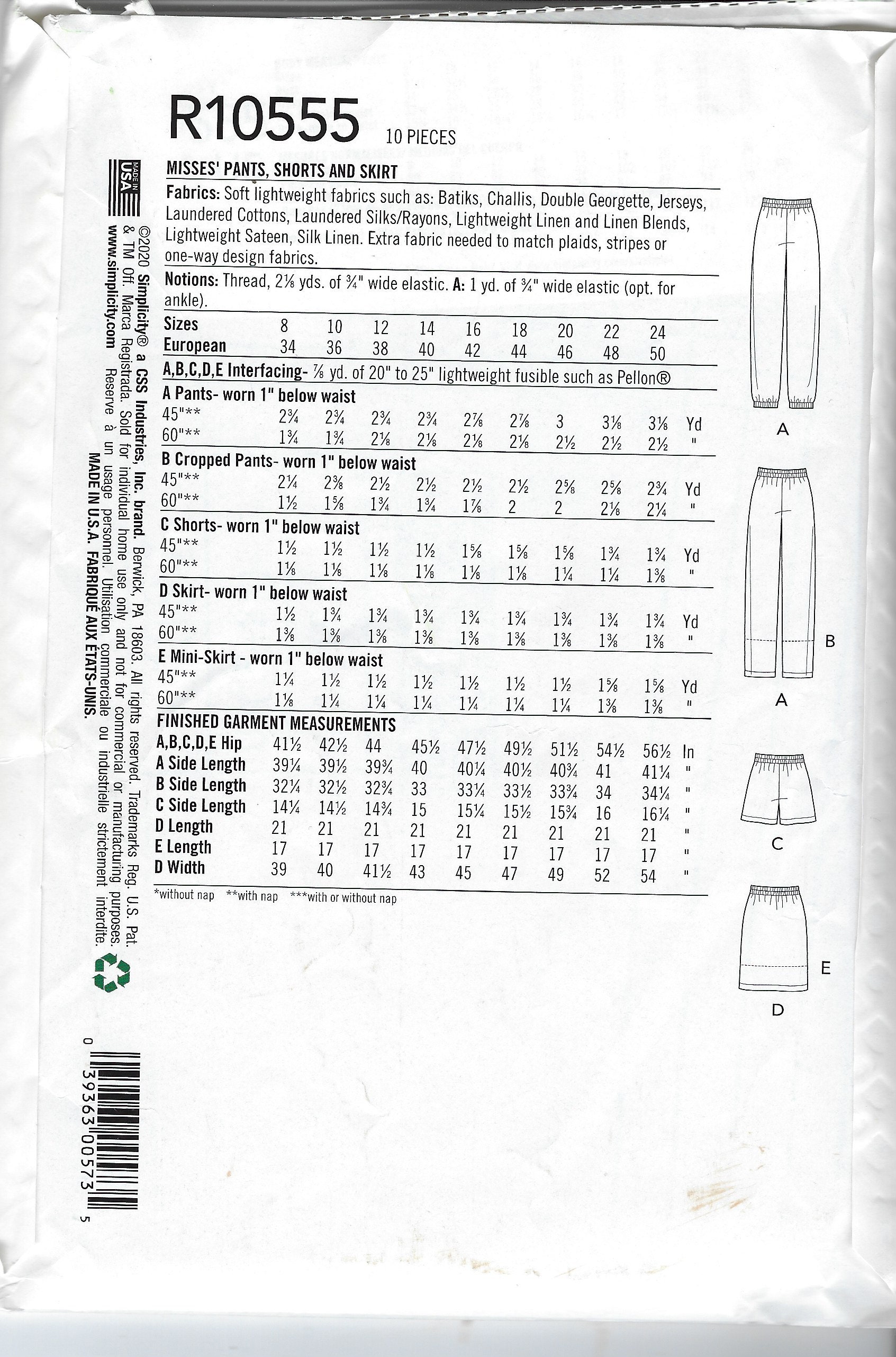 Uncut Simplicity Sewing Pattern 10555 1887 Misses Easy to Sew Pants in ...
