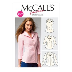 May include: A sewing pattern for a women's blouse with a collar. The pattern includes three different styles: sleeveless, long-sleeved, and three-quarter sleeved. The pattern is labeled "McCall's Easy Fashion That Fits".