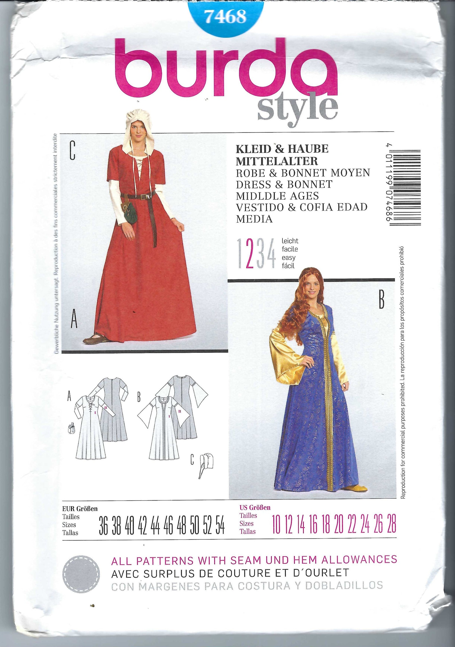 Uncut Burda Style Sewing Pattern 7468 Medieval Dress & Bonnet Misses ...