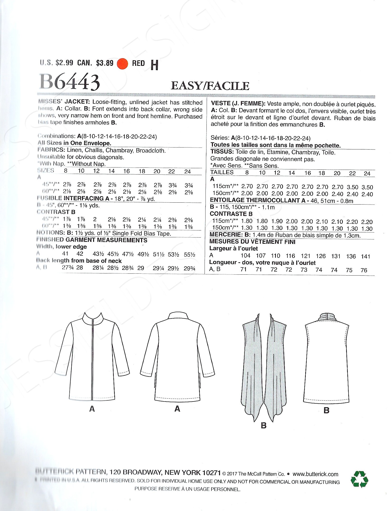 Uncut Butterick Sewing Pattern 6443 Size 8 to 24 Misses Jacket, Coat ...