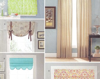 May include: Simplicity sewing pattern number 1176 for window treatments. The pattern includes five different styles: a valance, a roman shade, a scalloped roman shade, a standard curtain, and a gathered curtain. The pattern is designed and printed in the USA.