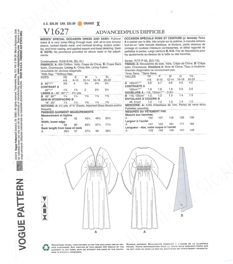 Uncut vogue sewing pattern 1627 Zandra Rhodes Special Occasion Pullover Kimono Loose-Fitting Dress size xs-s-m l-xl FF