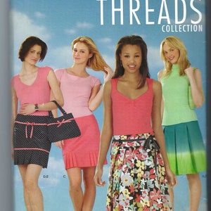May include: Simplicity Threads Collection sewing pattern featuring four women modeling different outfits. The outfits include a pink top and skirt, a floral skirt, and a green pleated skirt. The pattern number is 4596.