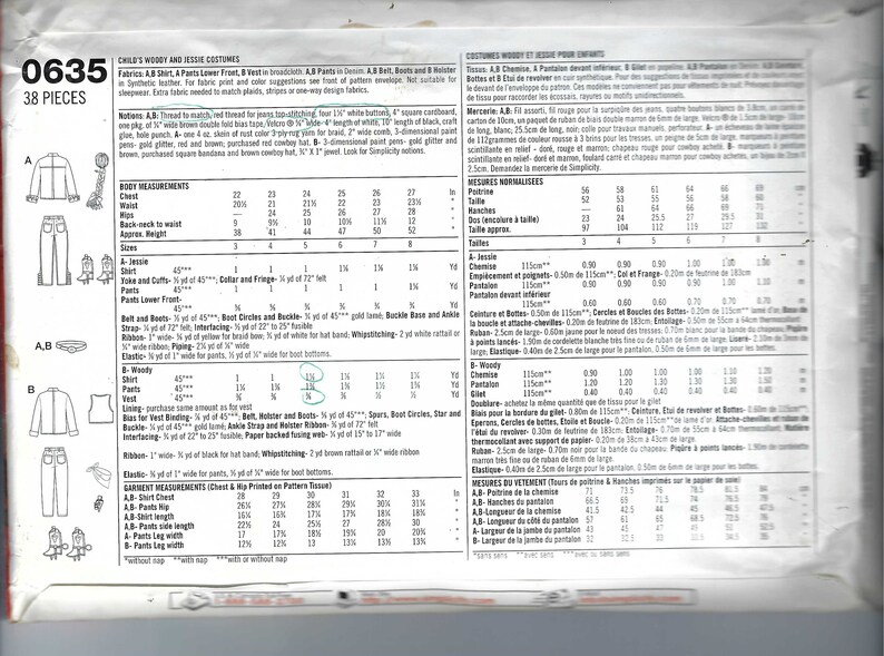 May include: A sewing pattern for children's Woody and Jessie costumes from Disney's Toy Story. The pattern includes instructions for making a shirt, vest, pants, and boots. The pattern is for sizes 3-8. The pattern includes a list of materials and measurements.