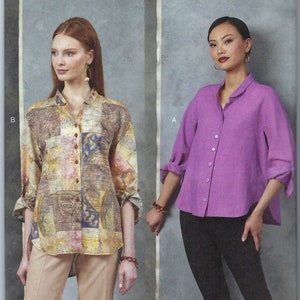 Puede incluir: Patrón de costura Vogue Patterns para una camisa de manga larga con cuello y cierre de botones. El patrón incluye dos vistas: una con una tela estampada y otra con una tela sólida de color morado. El patrón está diseñado e impreso en los Estados Unidos.