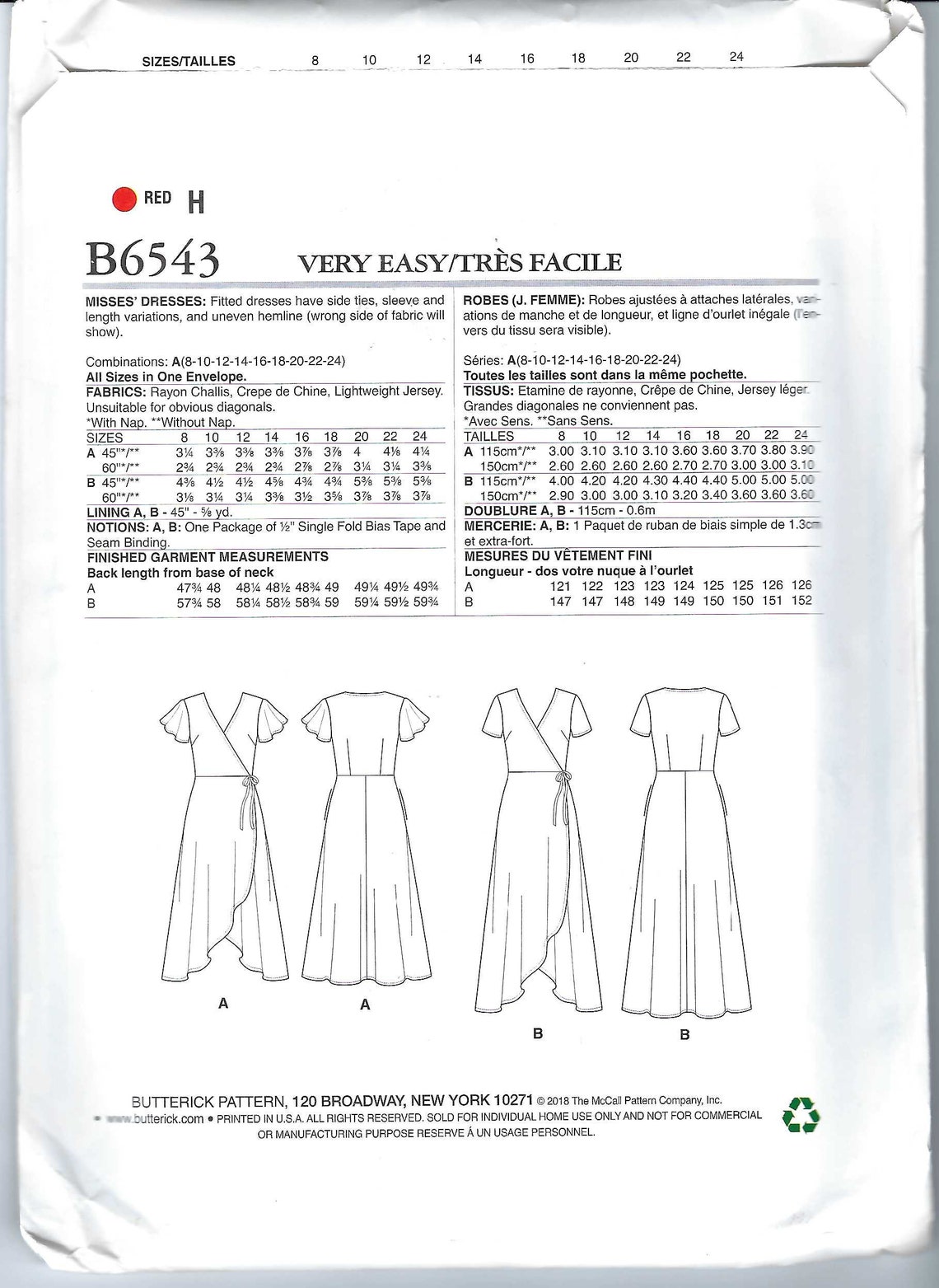 Uncut Butterick Sewing Pattern 6543 Misses Wrap Dress Size 8-24 FF - Etsy