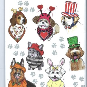 Könnte beinhalten: Ein Simplicity-Schnittmuster für Hundekostüme. Das Schnittmuster enthält sechs verschiedene Kostüme: ein Rentier, ein Marienkäfer, eine französische Baskenmütze, ein Kürbis, ein Kaninchen und ein Kobold. Das Schnittmuster ist für die Größen S-L.