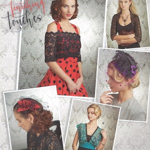 May include: Simplicity sewing pattern number 8365, size US 6-14, for a dress with lace detailing and a hat. The pattern includes five different views, including a red and black polka dot dress with a black lace overlay, a teal lace dress with a black bodice, a black lace top with a red polka dot skirt, a black lace top with a black skirt, and a black hat with a purple feather and veil.