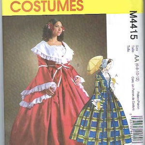 May include: A sewing pattern for a red and white colonial dress and a blue and green plaid dress. The pattern is McCall's Costumes M4415 and is for sizes AA (6-8-10-12).