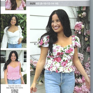 Può includere: Un modello di cucito di Alissah Threads presenta una donna con tre top diversi. L'immagine principale mostra un top con stampa floreale, scollatura quadrata e peplo. La taglia del modello è K5 (8-10-12-14-16).