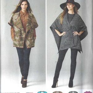 May include: Simplicity pattern 1281 features two women modeling different outerwear designs. The pattern includes a camouflage print jacket and a gray patterned cape with a belt. The pattern size range is XS-XL.