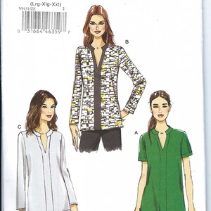 May include: A sewing pattern for a tunic top with three different styles. The pattern is for sizes large, extra large, and extra extra large. The pattern is from Very Easy Vogue.