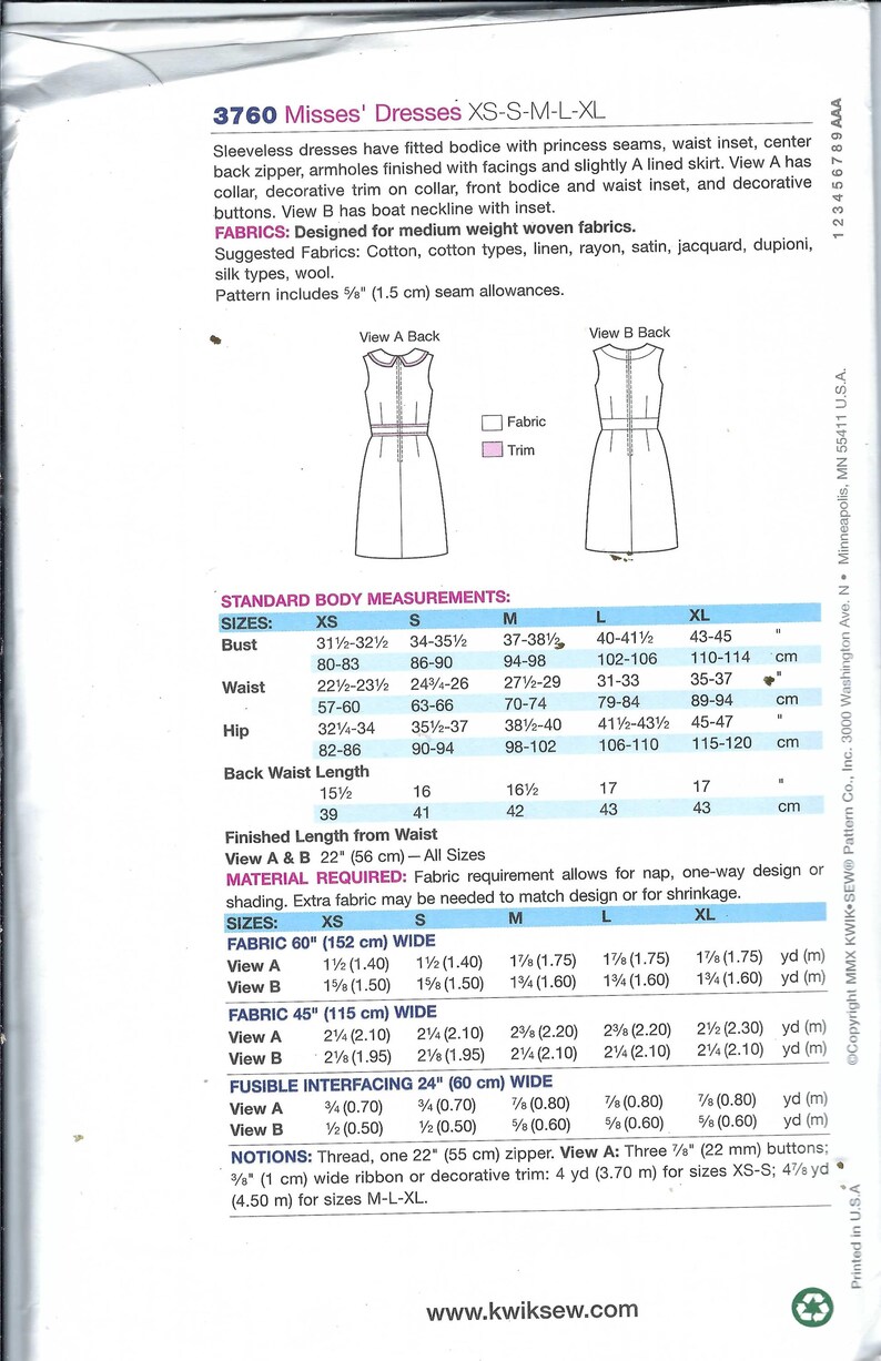 Uncut Kwik Sewing Pattern 3760 Misses' Sleeveless Dress Size XS-XL - Etsy