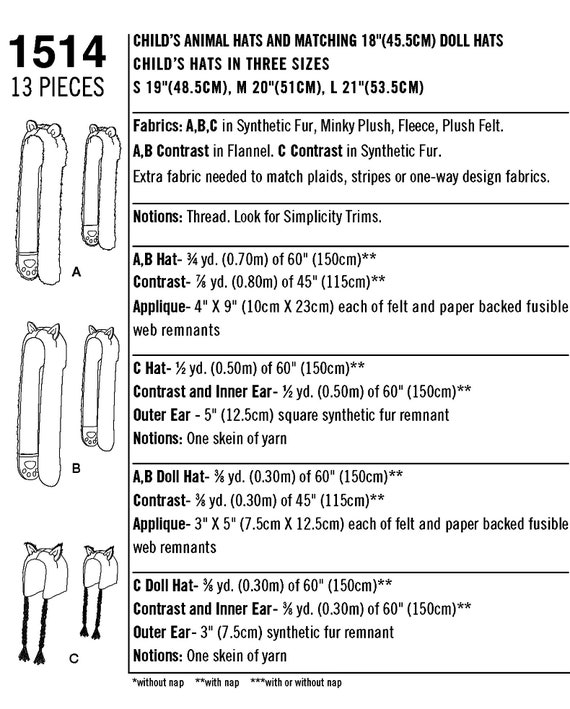 Simplicity 0962 Child\u2019s & Doll Animal Hats Sewing Pattern Sizes S