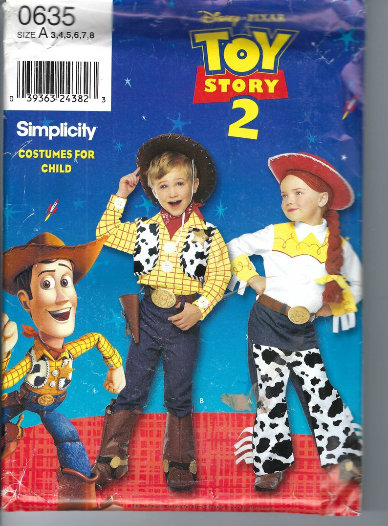 May include: A Simplicity sewing pattern for children's costumes. The pattern is for Toy Story 2 costumes, featuring Woody and Jessie. The pattern is for sizes 3-8.