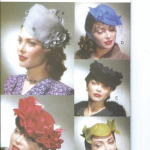 May include: Vogue accessories pattern 7325 featuring vintage hats. The image showcases various hat designs, including a gray hat with floral accents, a blue hat with netting, a black hat with a ruffled brim, a red hat with bows, and a green hat with leaf-like embellishments.