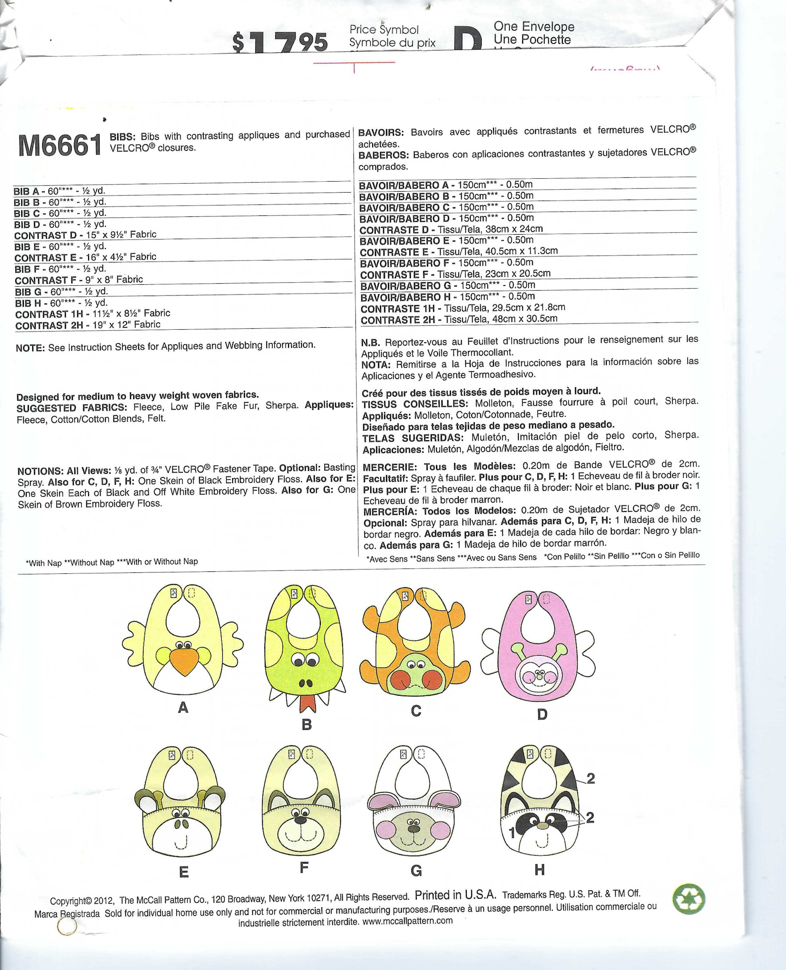 Uncut Mccalls Sewing Pattern Animal Baby Bibs Sewing Pattern Mccalls ...