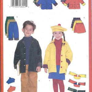 May include: A sewing pattern for children's clothing, featuring a blue jacket with plaid trim, a yellow jacket with plaid trim, a red skirt, and blue pants. The pattern number is 5714 and the size is 2-3-4-5.