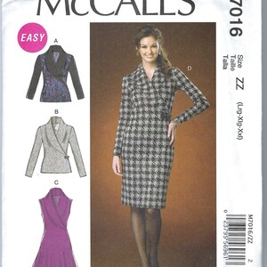 May include: A sewing pattern for a dress and jacket. The pattern is for sizes large, extra large, and extra extra large. The pattern is called McCall's M7016.