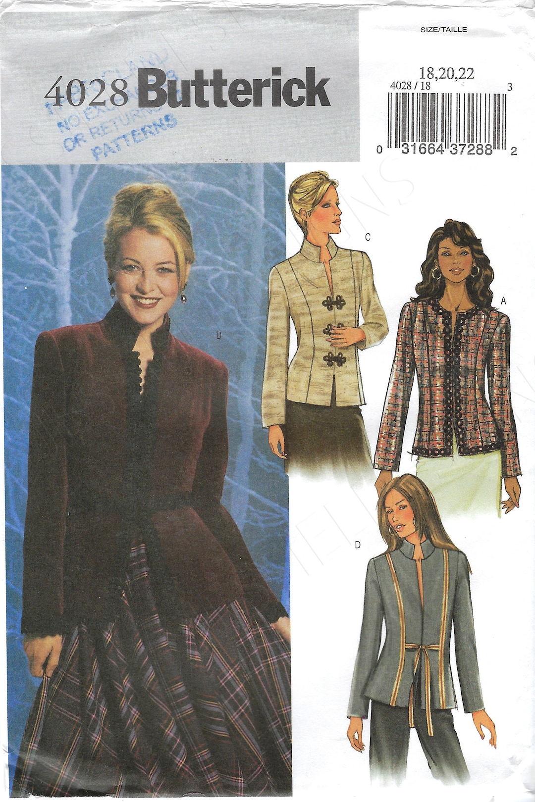 Uncut Butterick Sewing Pattern 4028 Ladies Jackets Size 12-14-16 18-20 ...