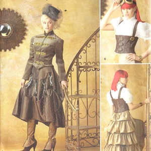 May include: Simplicity sewing pattern number 1558, size US 14-22, Euro 40-48, French 42-50. The pattern includes two outfits: a brown and black striped skirt with a brown jacket and a brown corset with a beige skirt. The model is wearing a black hat with a veil.