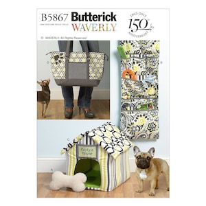 May include: A sewing pattern featuring dog-themed accessories. Includes a tote bag, hanging organizer, and dog house. The tote bag and organizer have a floral pattern with gray and yellow accents. The dog house is striped.