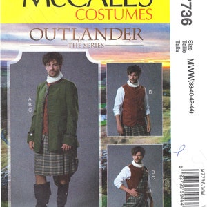 May include: McCall's Costumes sewing pattern for Outlander series. The pattern features a man in a green jacket, plaid kilt, and tall black boots. Additional images show a vest and kilt combination. The pattern includes size MWW (38-40-42-44).
