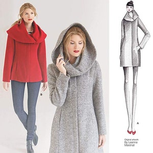 May include: Simplicity sewing pattern 1254 by Leanne Marshall for a hooded coat with a cowl neck. The pattern includes two views: a red coat with a shorter length and a gray coat with a longer length.