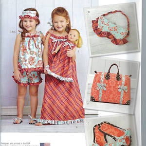 May include: Simplicity sewing pattern S0406 Summer Fun for girls' clothing and accessories. The pattern includes a dress, shorts, a sleep mask, a doll dress, sandals, and a bag. The pattern is designed for sizes 3-8.