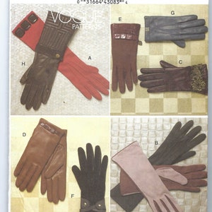 May include: A Vogue Accessories sewing pattern envelope V8608 featuring illustrations of various glove styles labeled A through H. The designs include leather and fabric gloves in brown, black, red, and pink, some with decorative cuffs, buttons, and embellishments.