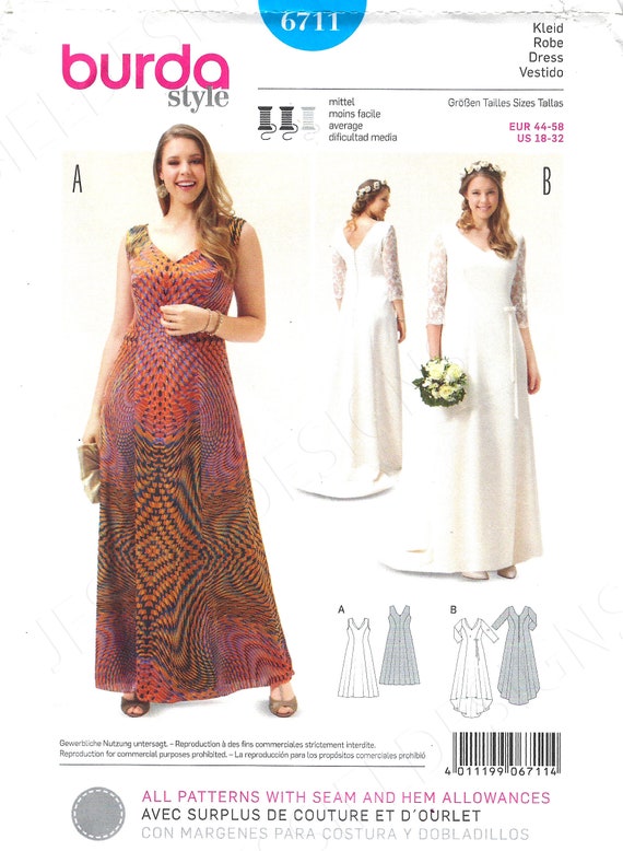 Uncut Burda Sewing Pattern 6711 Misses Fitted Long Dress Formal or Informal Straight or Shaped Hemline Plus Sizes 18 32 FF Etsy