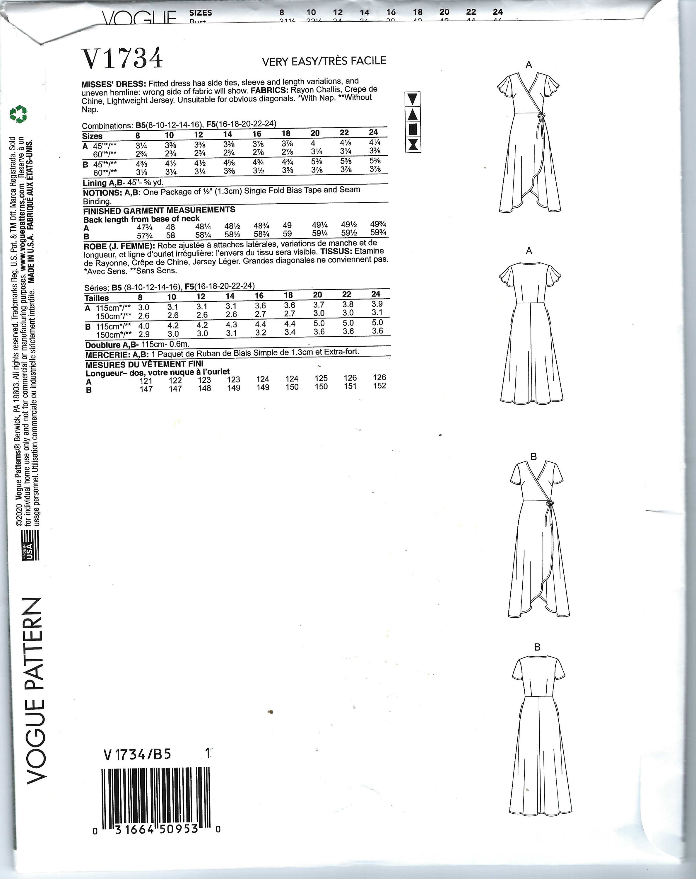 Uncut Vogue Sewing Pattern Women's Dress, Wrap Dress Pattern, Flutter ...