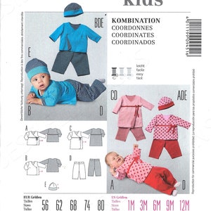 Pode incluir: Padrão de costura Burda Kids número 9451 para fazer roupas de bebê. O padrão inclui instruções para fazer uma variedade de roupas, incluindo um top e calças listrados azul e branco, um top e calças de bolinhas rosa e branco, e um top e calças listrados vermelho e branco. O padrão está disponível nos tamanhos 56-80 cm e 1-12 meses.