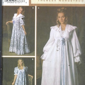 May include: A vintage sewing pattern for a long white dress with a ruffled hem and sleeves. The pattern includes multiple views of the dress, with a floral print option. The text "Vintage Closet" and "Theresa Nordstrom" are visible.