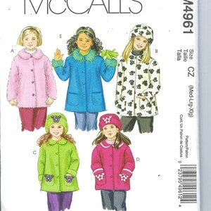 Uncut  McCall's sewing pattern 4961 Size: Xsm-Sml M-xl Children's and Girls Unlined Coats and Hats - 5 Options FF