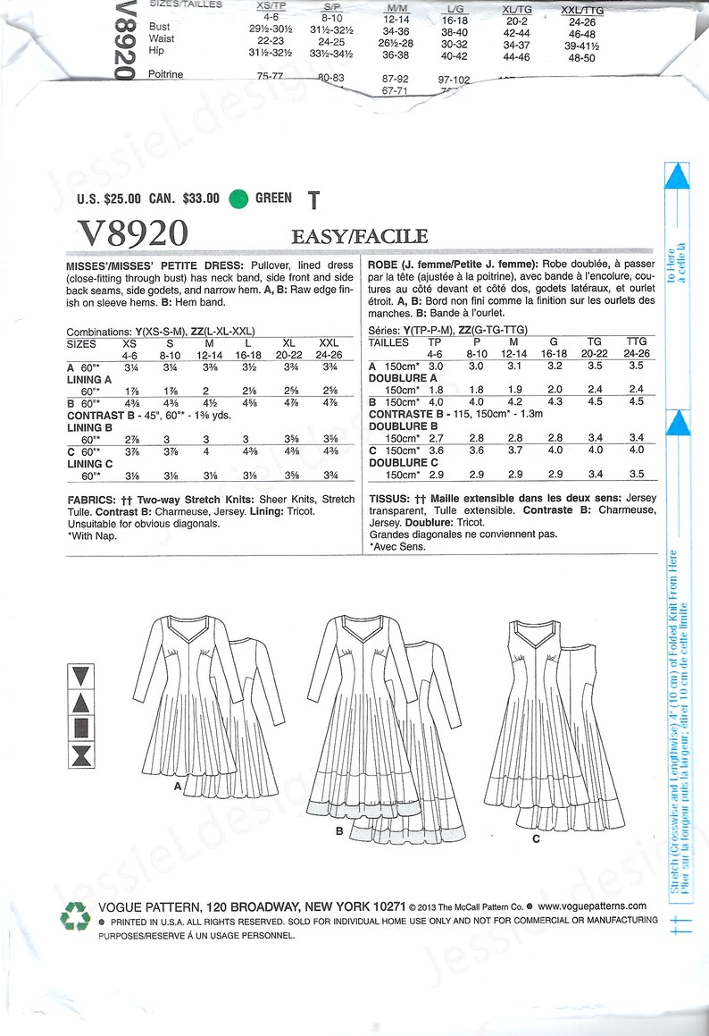 Uncut Vogue Sewing Pattern 8920 Misses/misses Petite Lined - Etsy