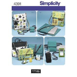 May include: A Simplicity sewing pattern featuring various bag designs. The bags include messenger bags, tablet cases, and phone pouches. Some bags have floral, flip-flop, and solid color patterns. The image also shows accessories like a small pouch and a media player.