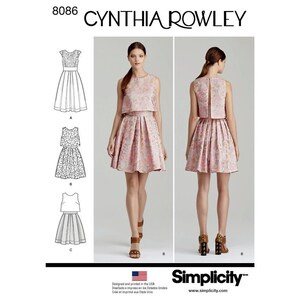 May include: A sewing pattern for a dress with a top and skirt. The pattern includes three different styles: a lace top with a skirt, a floral print top with a skirt, and a solid top with a skirt. The pattern is designed by Cynthia Rowley and is Simplicity pattern number 8086.
