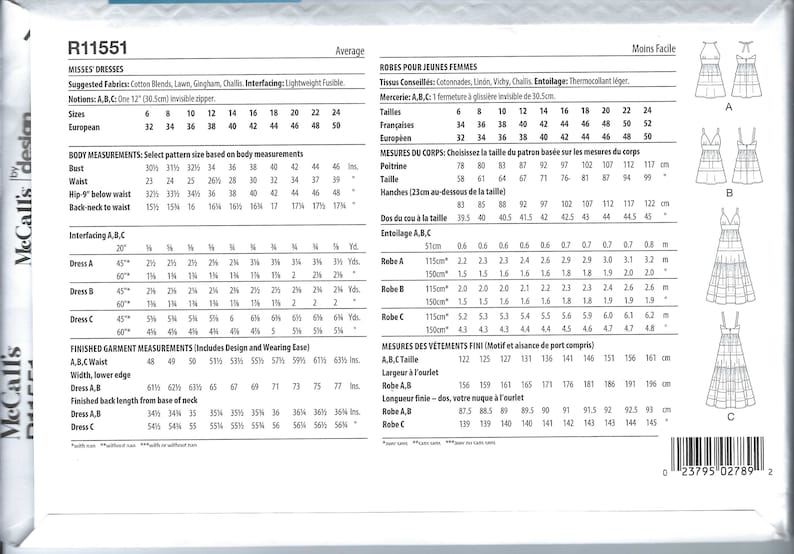 McCalls 7889 Patron De Couture Pour Hauts, Robes A5 (34 36 38 40 42