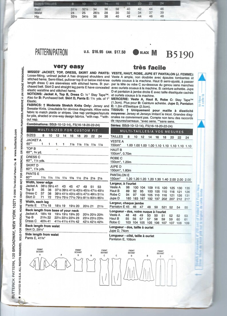 Uncut Butterick Sewing Pattern Size 8-14 Misses Easy Sleeveless Sheath ...