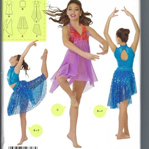 May include: Simplicity dance costume sewing pattern. The package features illustrations of dance costumes, including a halter-top dress with a purple skirt and a blue sequined top and skirt. The pattern includes size options S-L.