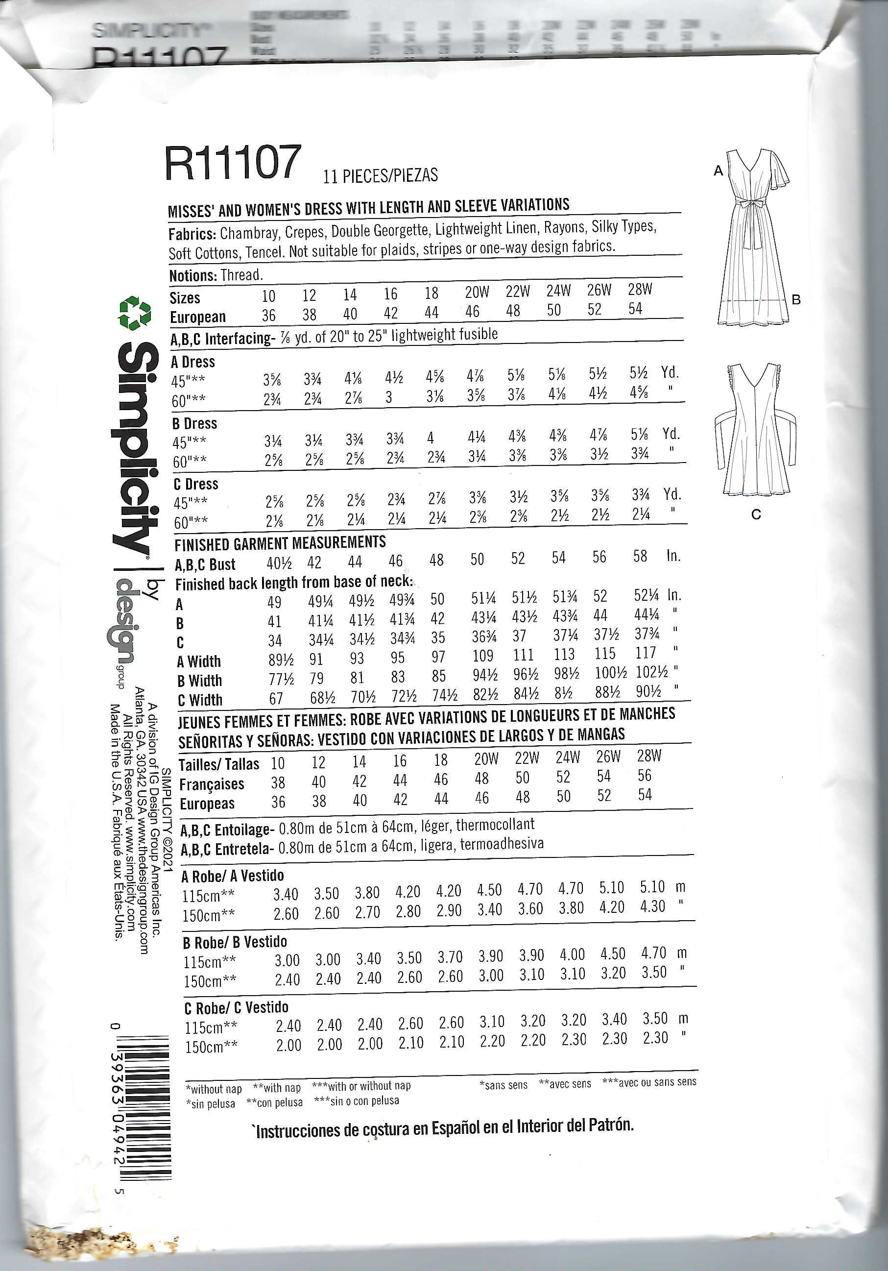 Uncut Simplicity Sewing Pattern 11107 9325 Misses' and