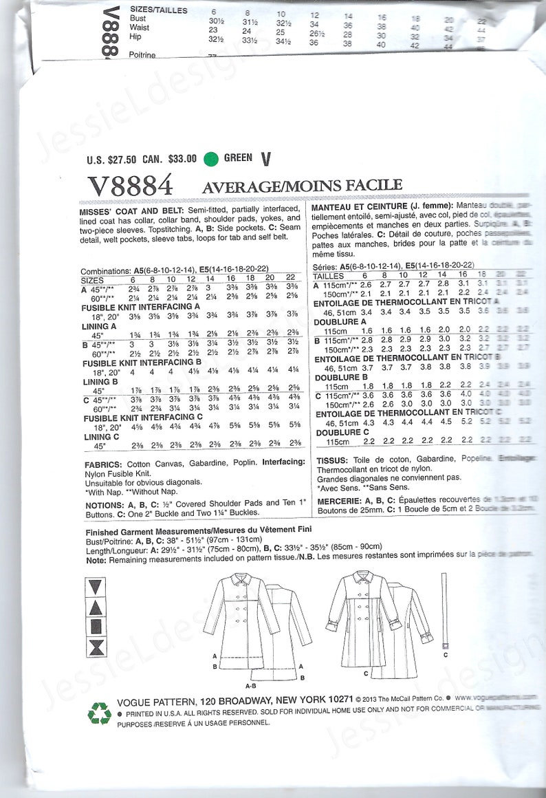 Uncut Vogue Sewing Pattern 8884 Coat, Double Breasted W Belt, Yoke, Two ...
