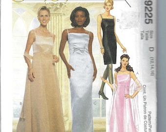 May include: A sewing pattern for three evening dresses. The pattern is for sizes 12, 14, and 16. The dresses are all sleeveless and have a simple, elegant design. The first dress is a long, flowing gown with a sash at the waist. The second dress is a shorter, more fitted gown with a scoop neckline. The third dress is a long, flowing gown with a sweetheart neckline.