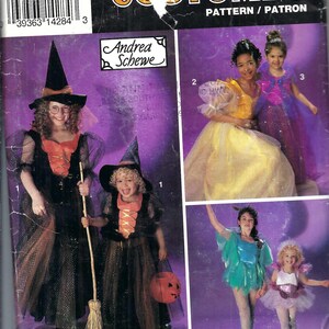May include: Simplicity Costumes pattern 0674 for children size AA (2-6) featuring illustrations of various costumes including a witch with a broom, a yellow princess dress, a purple dress, a blue fairy outfit, and a purple tutu with wings.