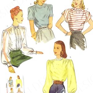 May include: Simplicity sewing pattern H0228 U5, vintage 1940s style. The pattern features four blouse designs, including a light blue top with a Peter Pan collar, a yellow blouse with long sleeves, and a striped top.